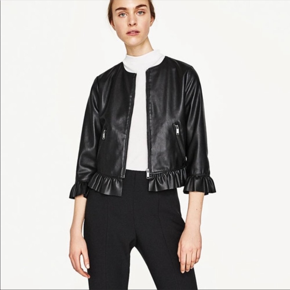 ZARA BASICA FRILL HEM LEATHER JACKET